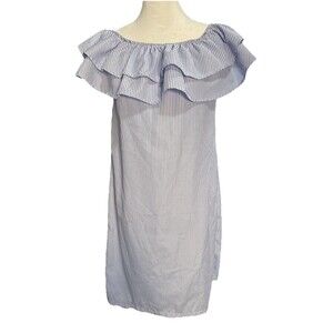 Blue/White Striped Off-Shoulder Ruffle Dress Sz SM Beachy Nautical Cottagecore